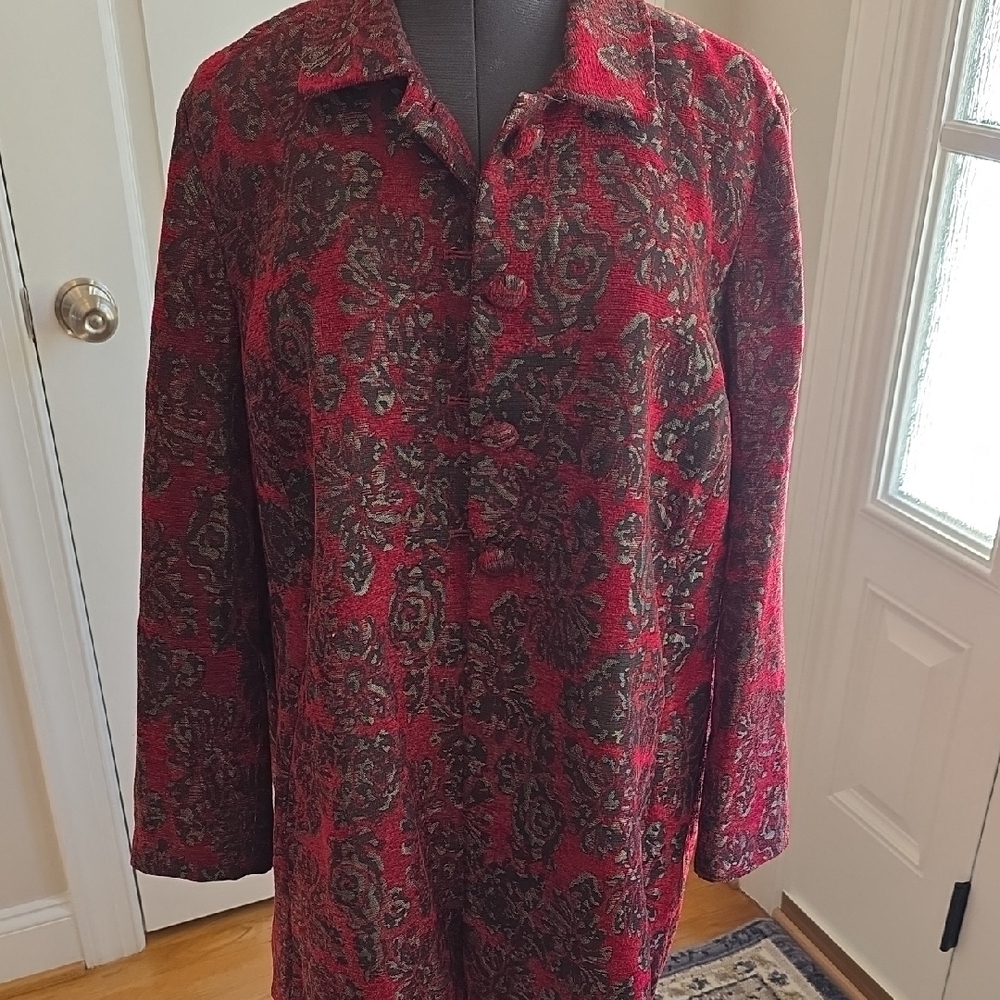 Chicos Red and Black Patterned Coat